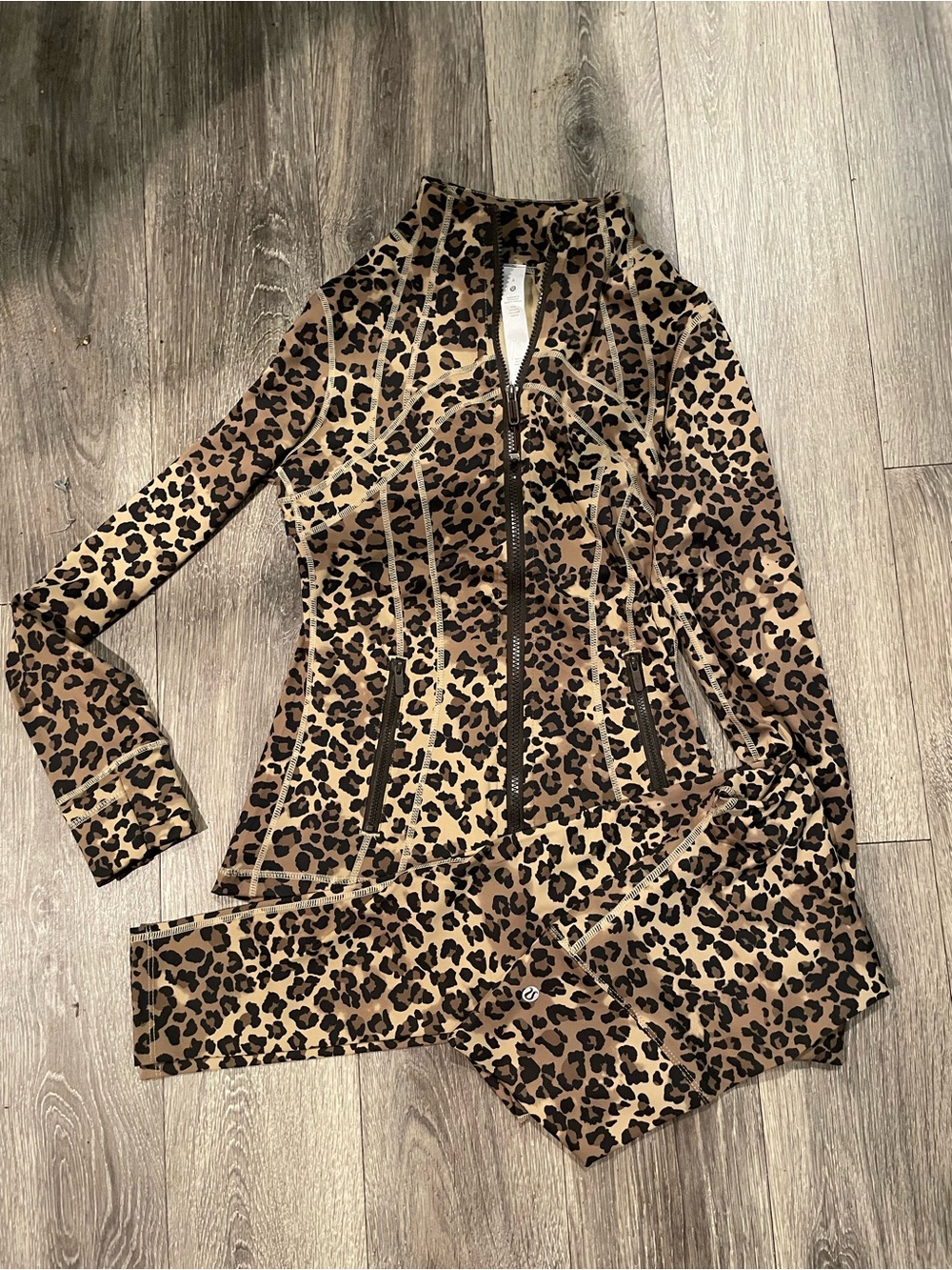 lululemon athletica Leopard-Print Zip Jacket and legging set in Brown and Black